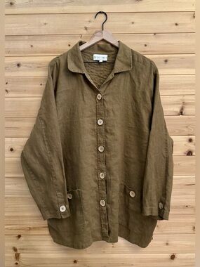 Vintage David Dart 3X Brown Green Linen Pintuck Button Front Blouse Lagenlook